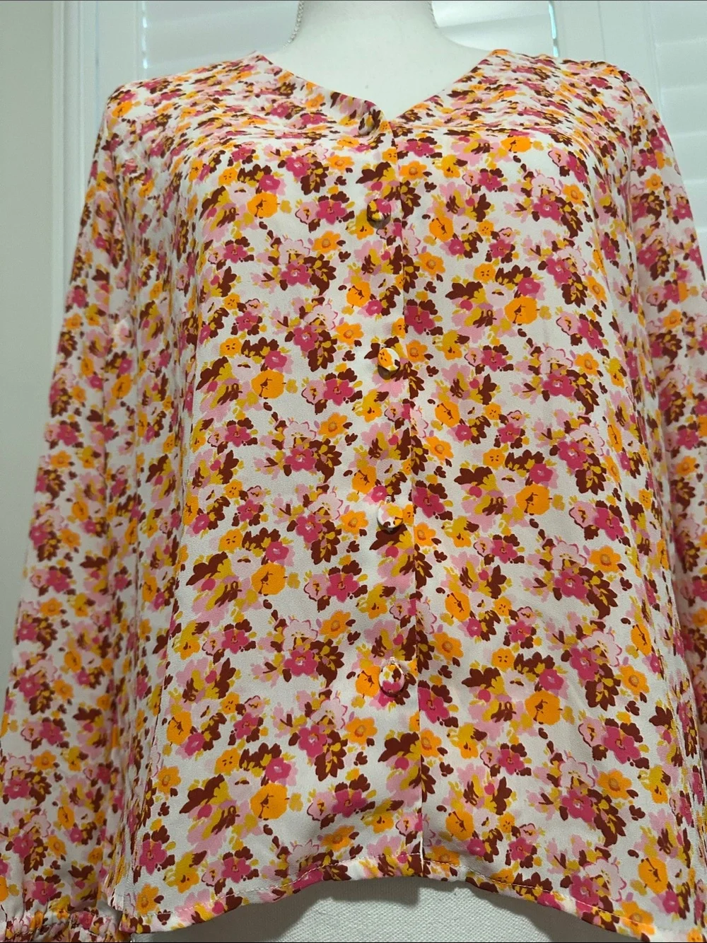 J. Crew Pink Floral V-Neck Long Sleeve Blouse Small | Ax